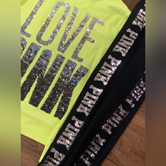 PINK VS NEON IRIDESCENT BLING HOODIE/ YOGA LEGGINGS PANTS OUTFIT M/S - Picture 4 of 11